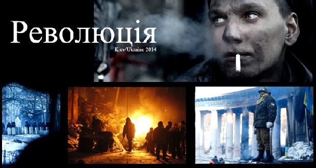 Collage van het werk van Marielle van Uitert tijdens de recente demonstraties in Kiev.