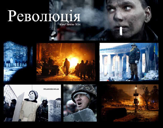 Collage van het werk van Marielle van Uitert tijdens de recente demonstraties in Kiev.