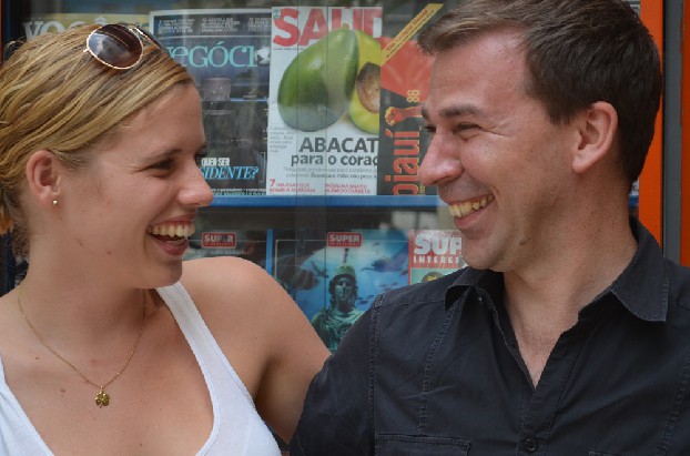 Sandra Korstjens (RTL) en Marc Bessems (NOS) in Sao Paolo. Foto Sascha Meijer en Nikki van der Westen